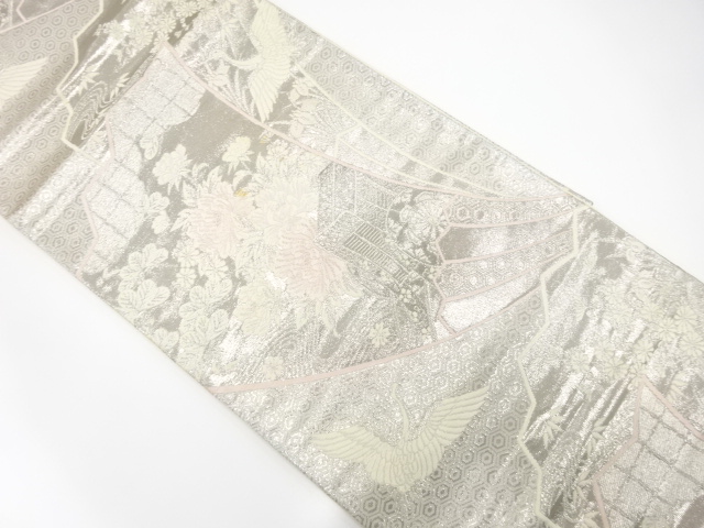 アンティーク　プラチナ箔二重織　扇に御所車・花模様織り出し袋帯（材料）